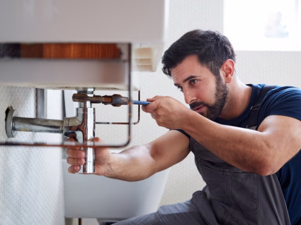 Affordable web design Brisbane - trusted by local trades Brisbane plumber repairing pipes under a sink, representing the trades and small business clients OceanSky Digital supports with affordable web design Brisbane services